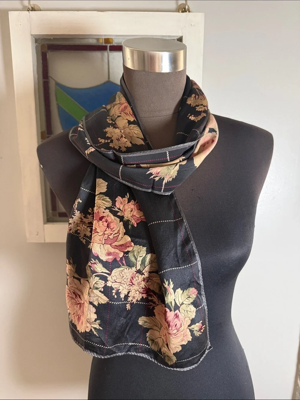 Vintage Lauren Ralph Lauren Silk Scarf | Black Floral Grid Print Accessory